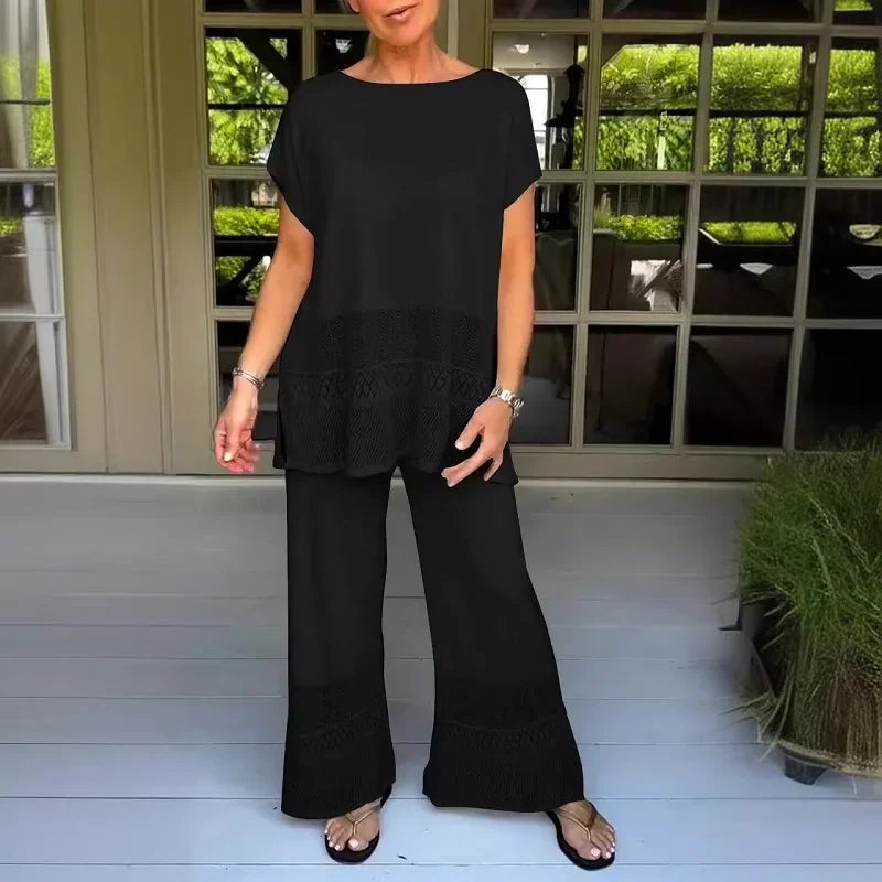 Conjunto Feminino de Viscose com Blusa Recortada e Calça Pantalona Amaris